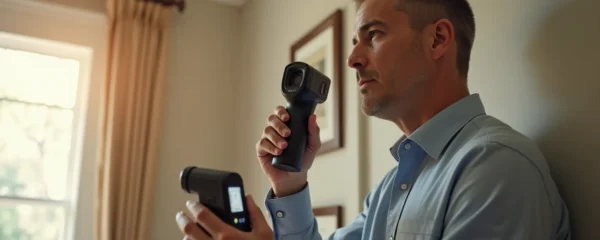 Expert diagnostiqueur immobilier analysant un bien avec équipement certifié et dossier de protection