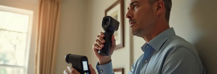 Expert diagnostiqueur immobilier analysant un bien avec équipement certifié et dossier de protection