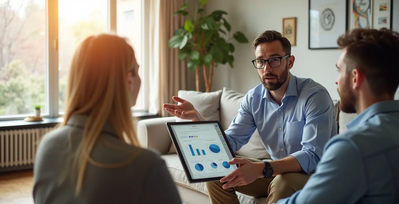 Diagnostiqueur immobilier expliquant un rapport technique à un couple de clients dans un salon lumineux